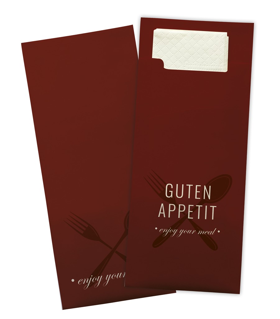 Bestecktasche "Guten Appetit" bordeaux Spenderkarton