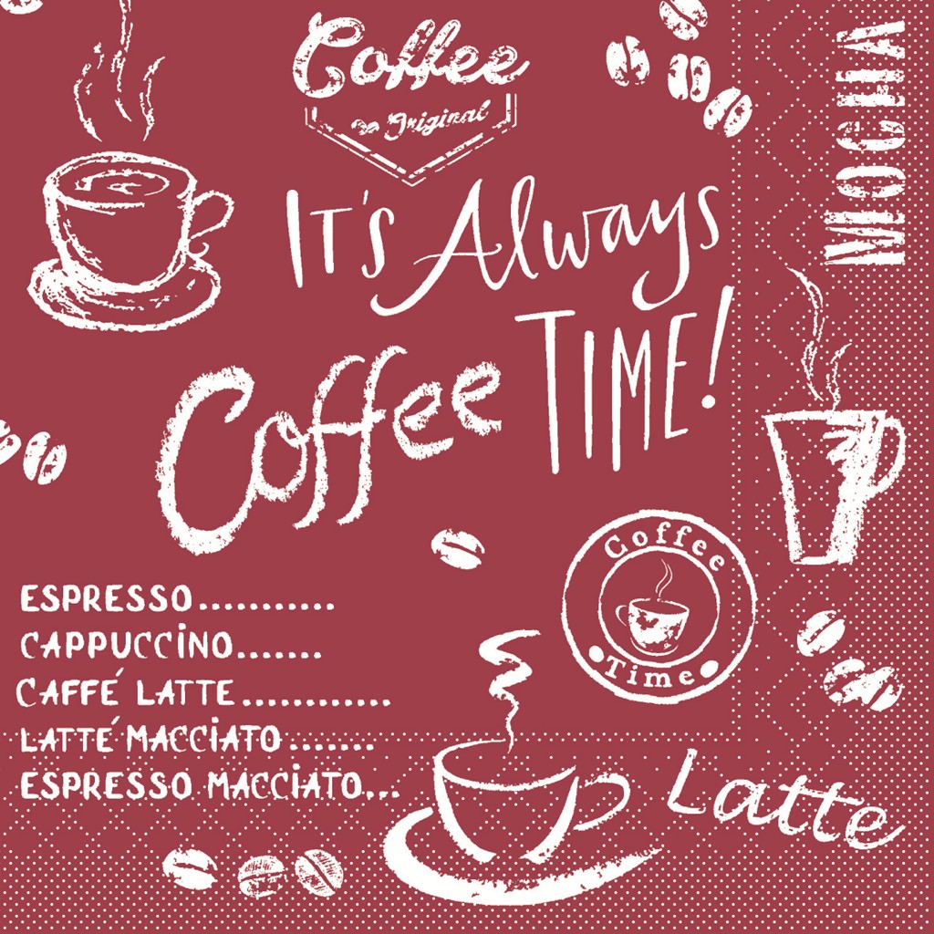Tissue Serviette Coffee time bordeaux 24 x 24 cm 1/4 Falz 3-lg.